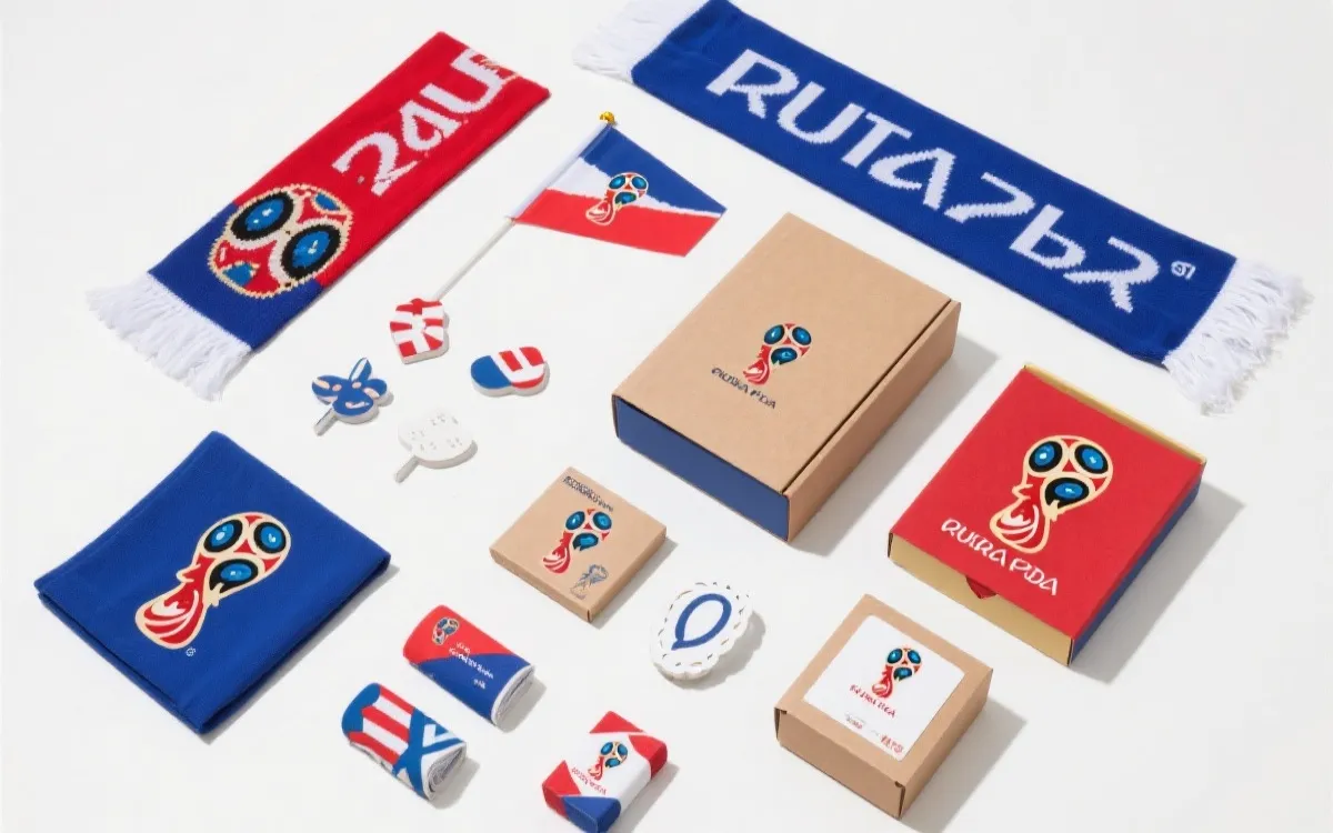 围绕世界杯主题设计的跨境电商周边产品与包装平铺展示