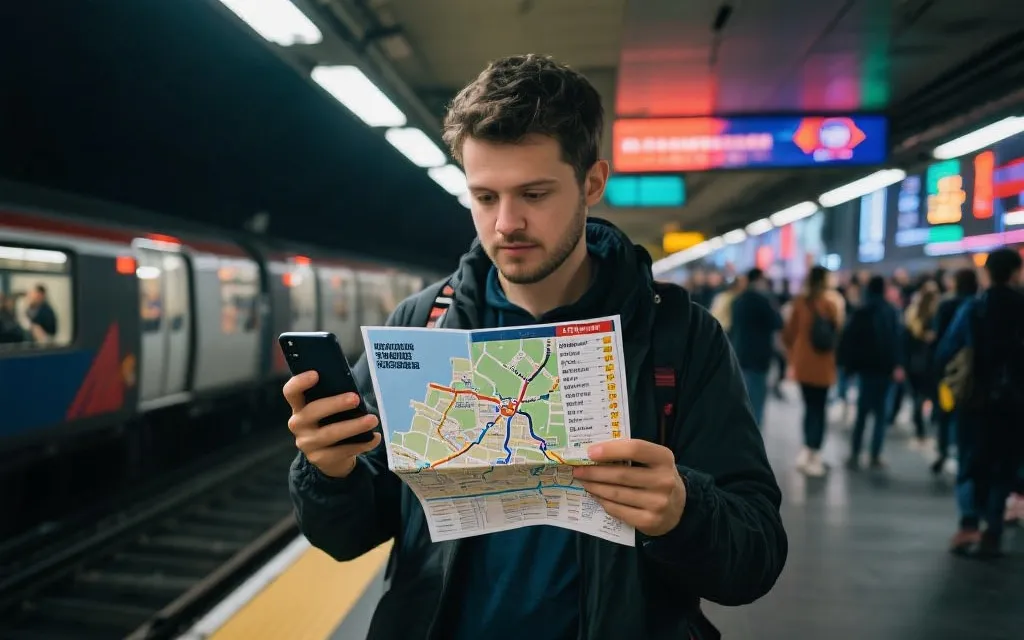 旅行者在城市地铁站查看跨城行程与比赛日程，手持手机与纸质地图，纪实风