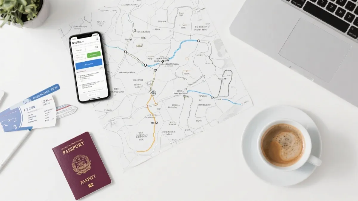 美国城市之间的路线规划图与机票酒店预订页面的桌面场景