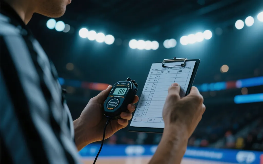 裁判在夜间球场记录补时与判罚信息的特写，科技感氛围